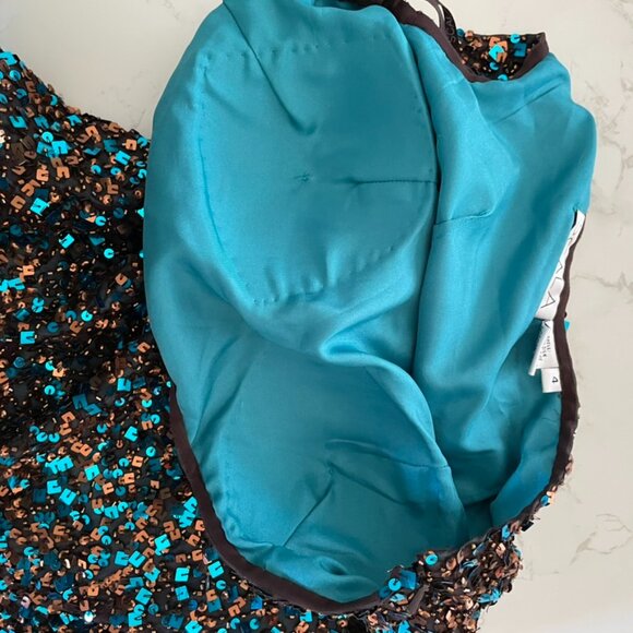 Scala Vintage One Shoulder Blue Bronze Embellished Sequin Mini Dress | Medium - Picture 7 of 11